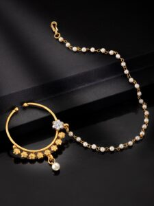 Women 18K Gold-Plated Wedding Pearl Ad Nose Ring/Nath
